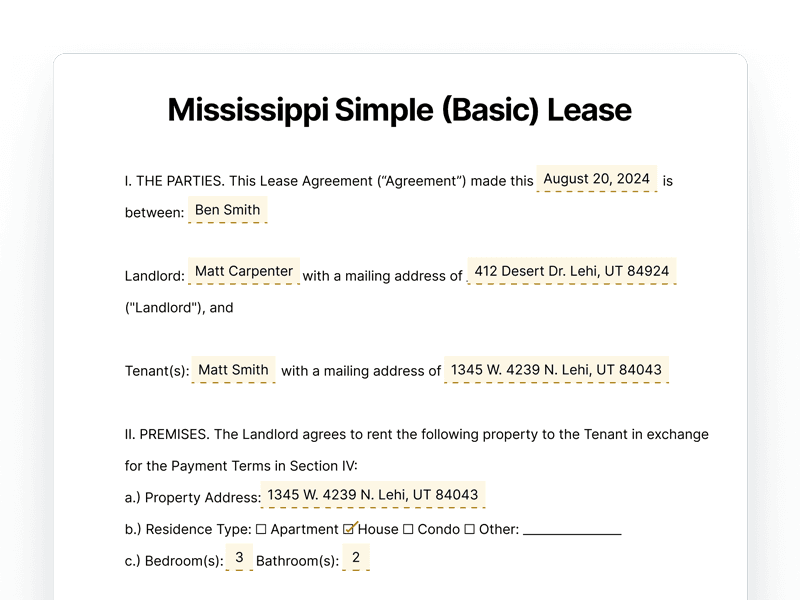 Mississippi Simple Basic Lease Agreement Mississippi Simple Basic Lease Agreement