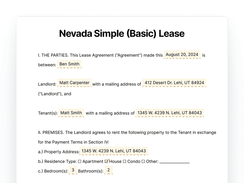Nevada Simple Basic Lease Agreement Nevada Simple Basic Lease Agreement