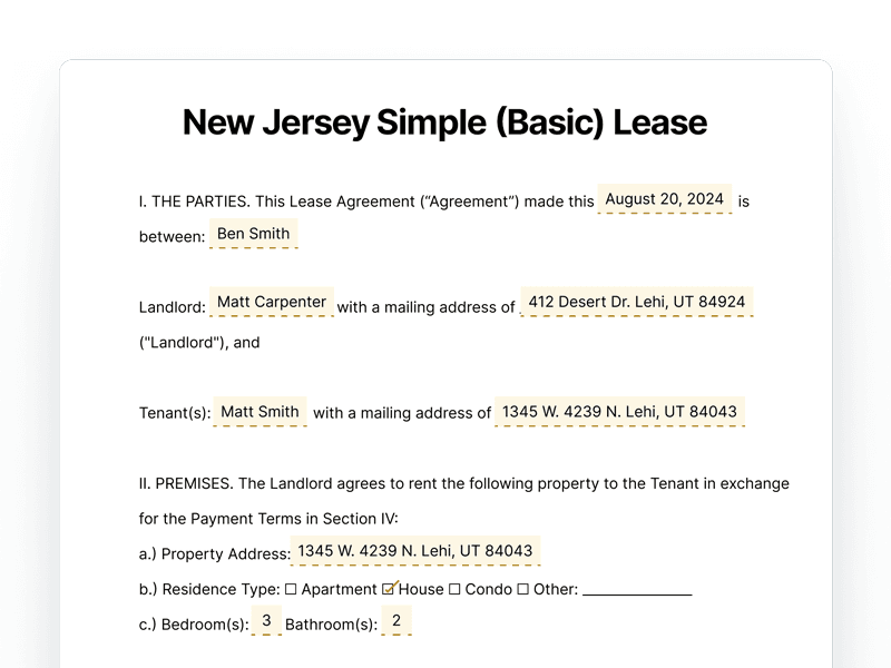 New Jersey Simple Basic Lease Agreement New Jersey Simple Basic Lease Agreement