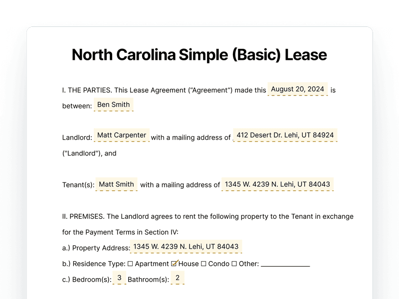 SimpleNorth Carolina Simple Basic Lease Agreement BasicLease_North-Carolina North Carolina Simple Basic Lease Agreement