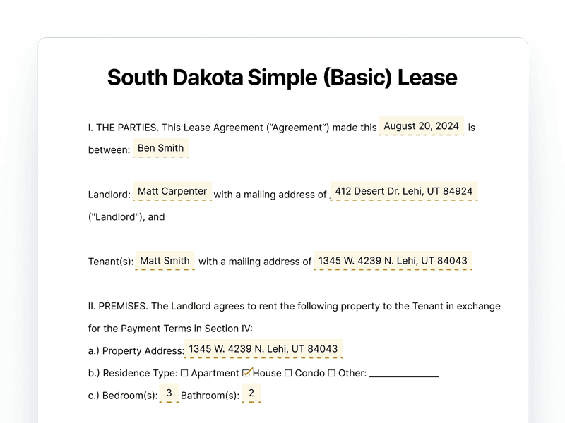 South Dakota Simple Basic Lease Agreement South Dakota Simple Basic Lease Agreement