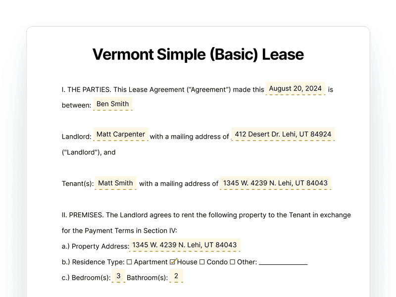Vermont Simple Basic Lease Agreement Vermont Simple Basic Lease Agreement