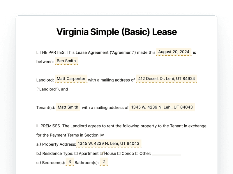 Virginia Simple Basic Lease Agreement Virginia Simple Basic Lease Agreement