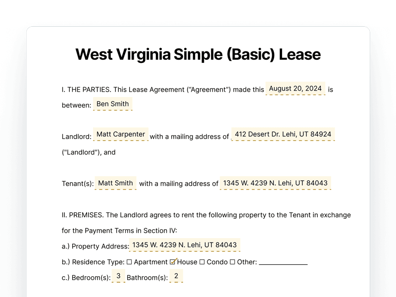 West Virginia Simple Basic Lease Agreement West Virginia Simple Basic Lease Agreement