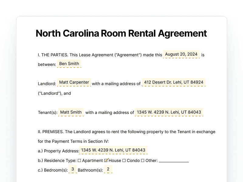 RoomRentalAgreement_North-Carolina North Carolina Room Rental Agreement