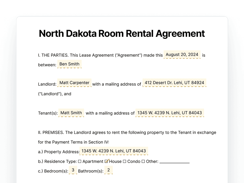 North Dakota Room Rental Agreement North Dakota Room Rental Agreement