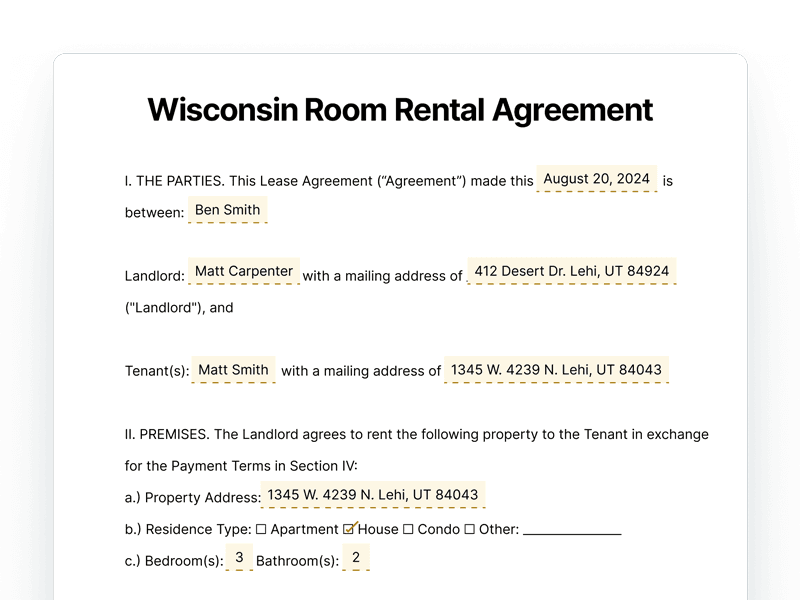 Wisconsin Room Rental Agreement Wisconsin Room Rental Agreement