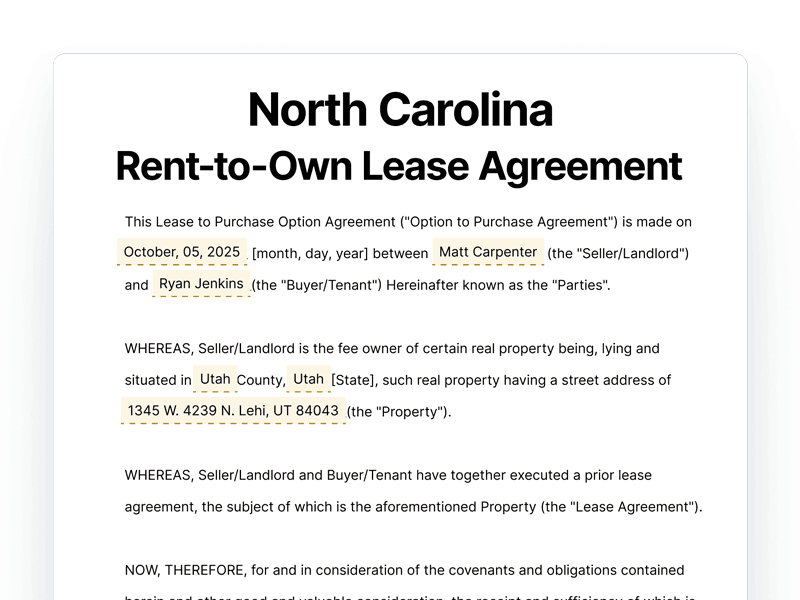 RentToOwn_North-Carolina North Carolina Rent-to-Own Lease Agreement