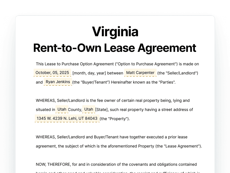 RentToOwn_Virginia Virginia Rent-to-Own Lease Agreement