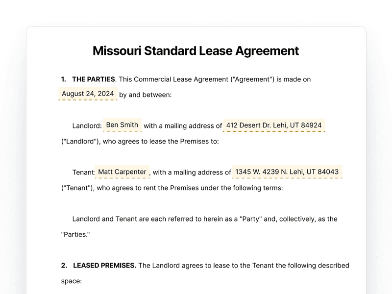 Missouri Standard Lease Agreement Missouri Standard Lease Agreement