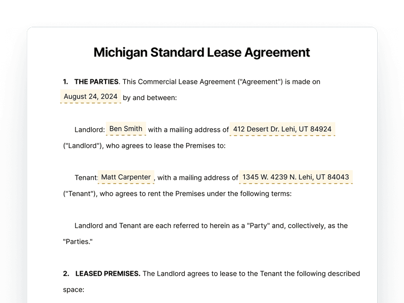 Michigan Standard Lease Agreement Michigan Standard Lease Agreement