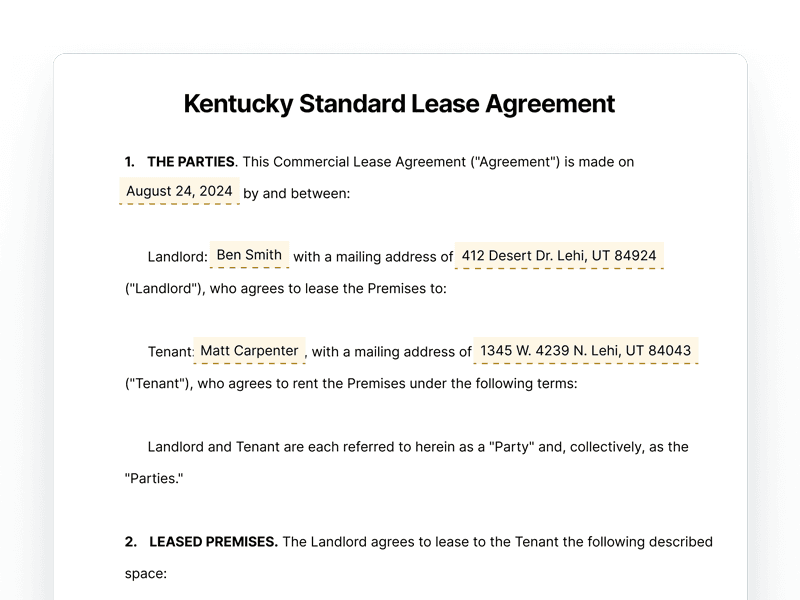 Kentucky Standard Lease Agreement Kentucky Standard Lease Agreement