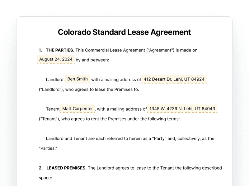 Colorado Standard Lease Agreement Colorado Standard Lease Agreement