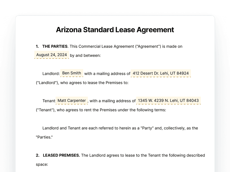 Arizona Standard Lease Agreement Arizona Standard Lease Agreement