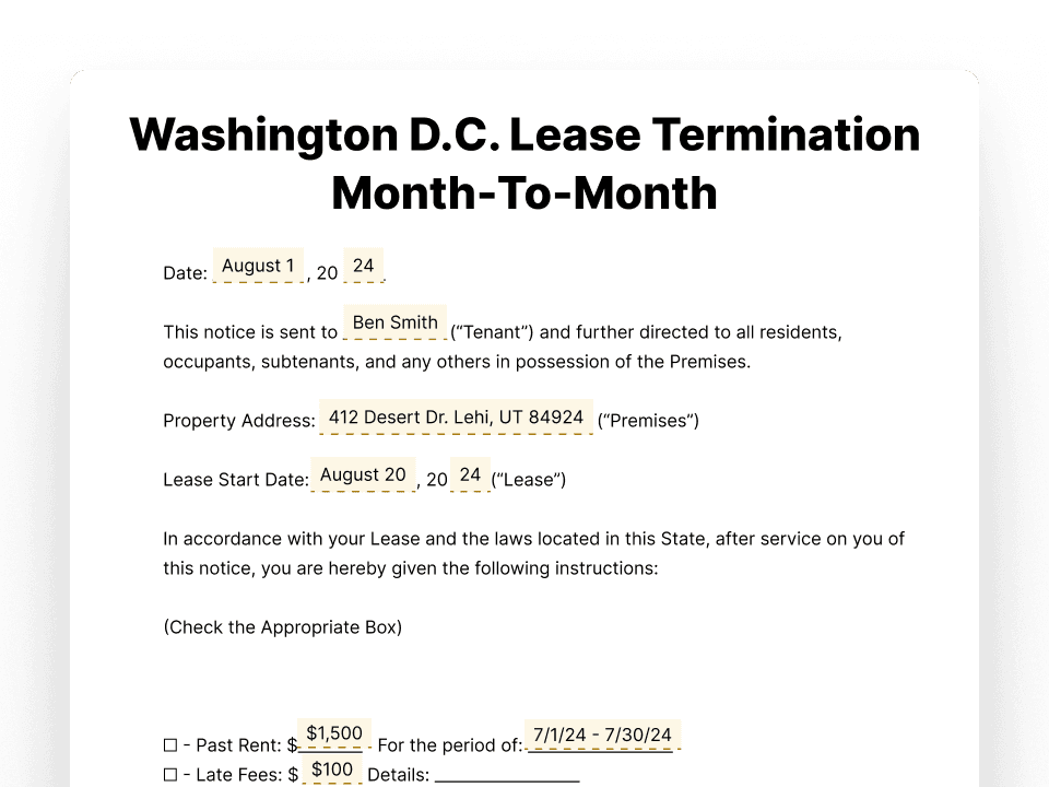 Washington D.C. Lease Termination Month-To-Month Washington D.C. Lease Termination Letter For Month-To-Month Lease