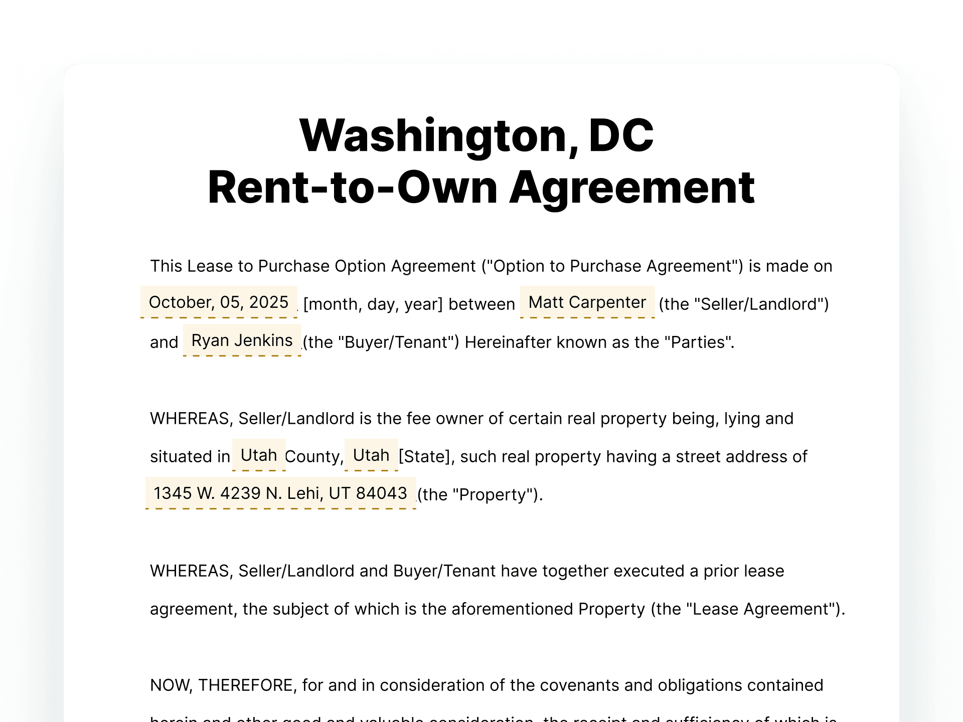 Washington, DC Rent-to-Own Agreement Washington, DC Rent-to-Own Agreement