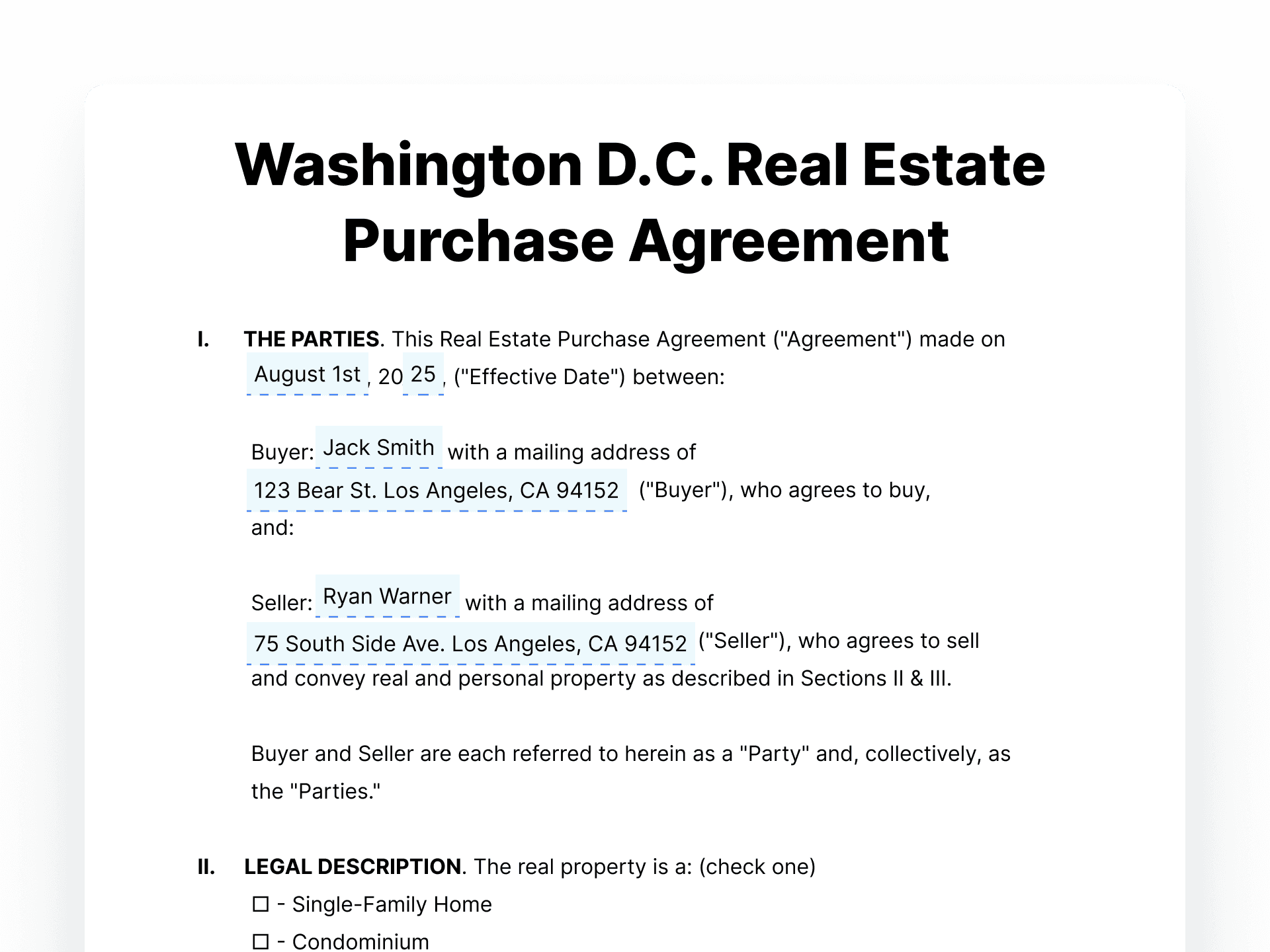 Washington D.C. Real Estate Purchase Agreement District of Columbia Real Estate Purchase Agreement