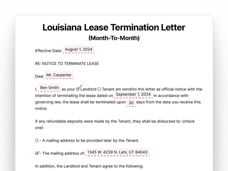 LeaseTerminationLetter_Louisiana Louisiana Lease Termination Letter For Month-To-Month Lease