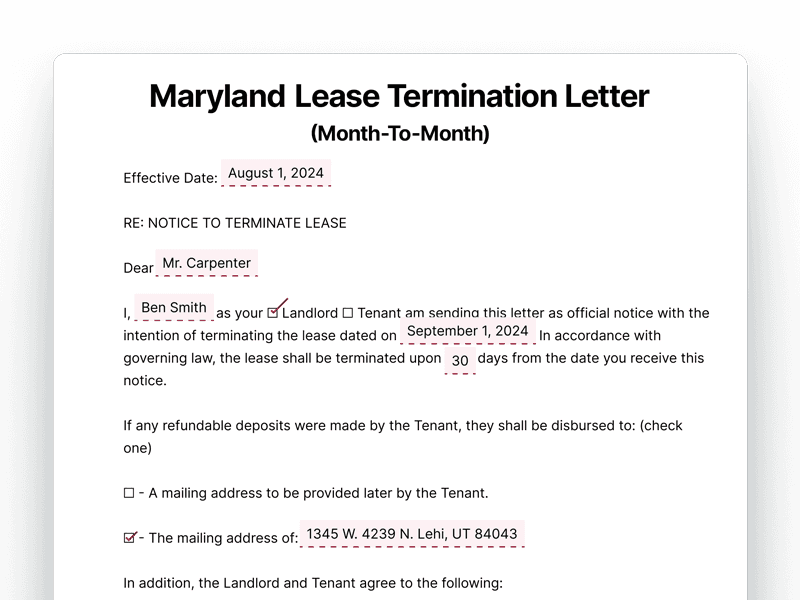 LeaseTerminationLetter_Maryland Maryland Lease Termination Letter For Month-To-Month Lease