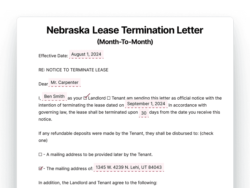 LeaseTerminationLetter_Nebraska Nebraska Lease Termination Letter For Month-To-Month Lease