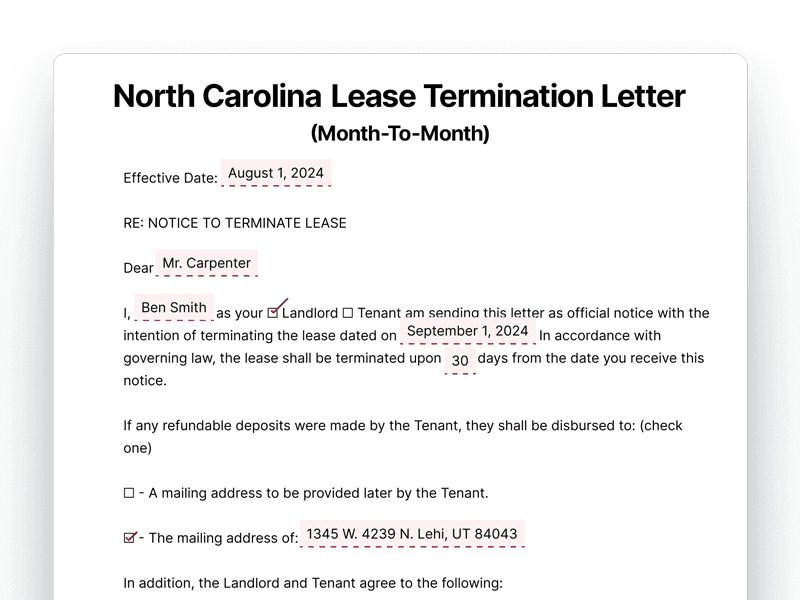 LeaseTerminationLetter_North-Carolina North Carolina Lease Termination Letter For Month-To-Month Lease