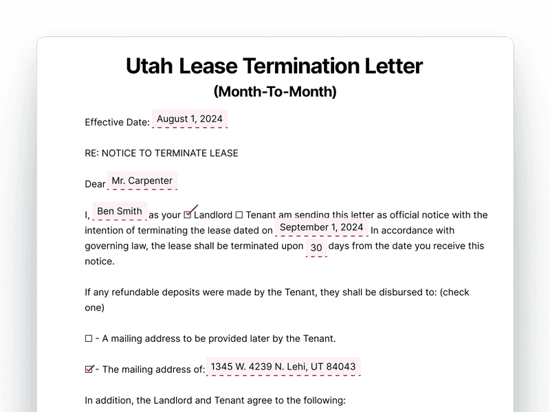 LeaseTerminationLetter_Utah Utah Lease Termination Letter For Month-To-Month Lease