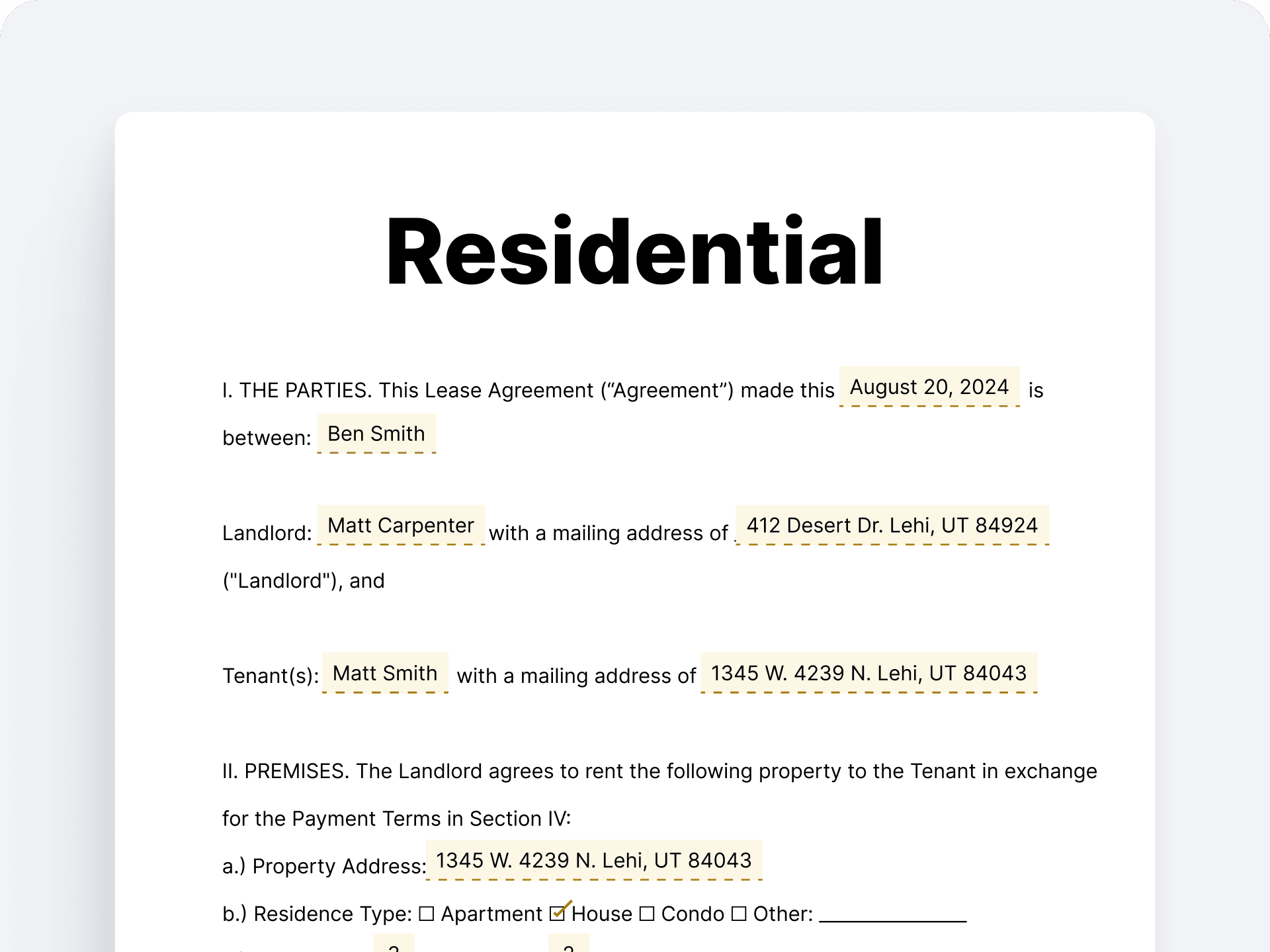 Residential Lease Agreements Residential Lease Agreements