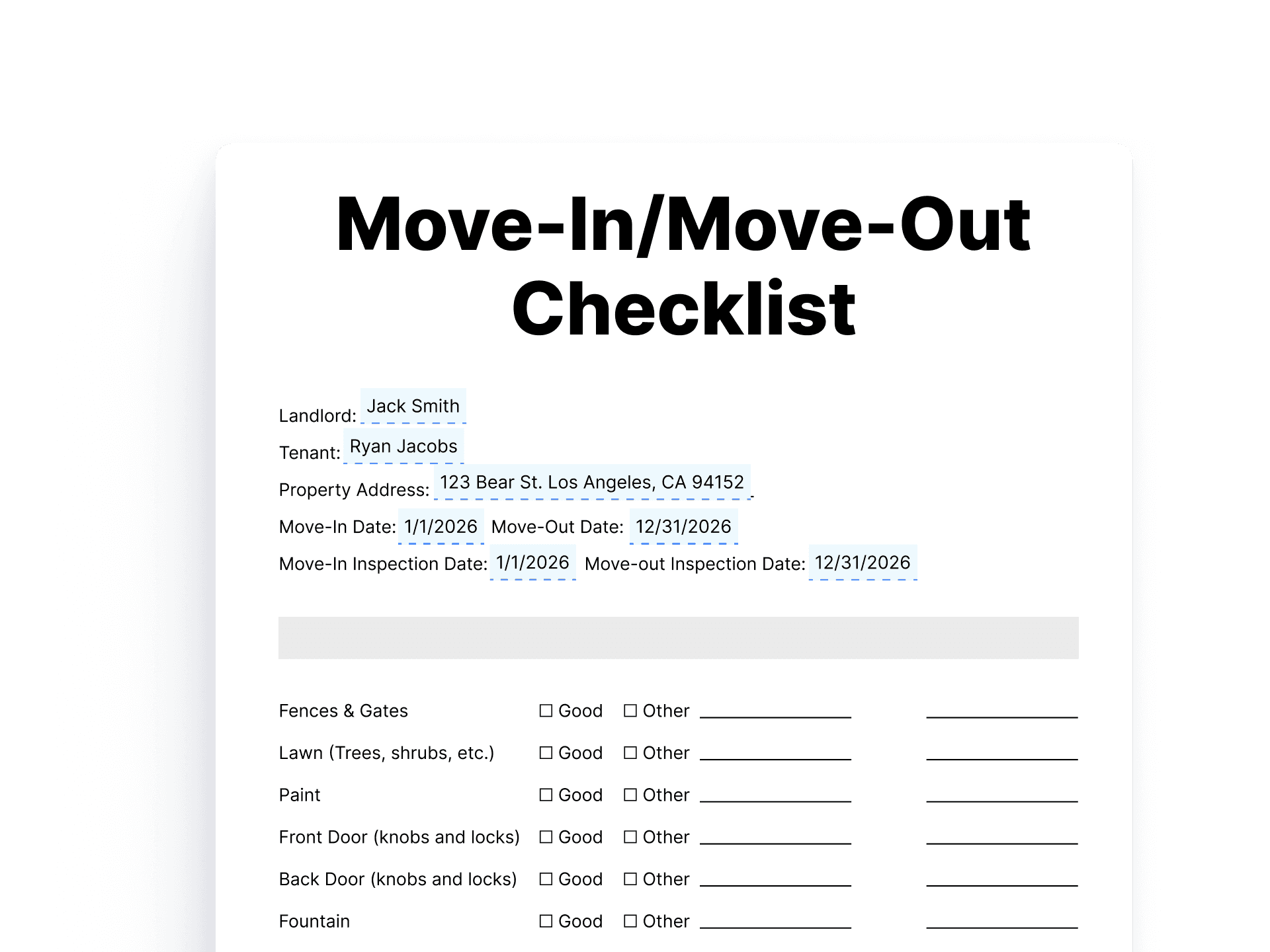 move in Move-Out Checklist move in Move-Out Checklist