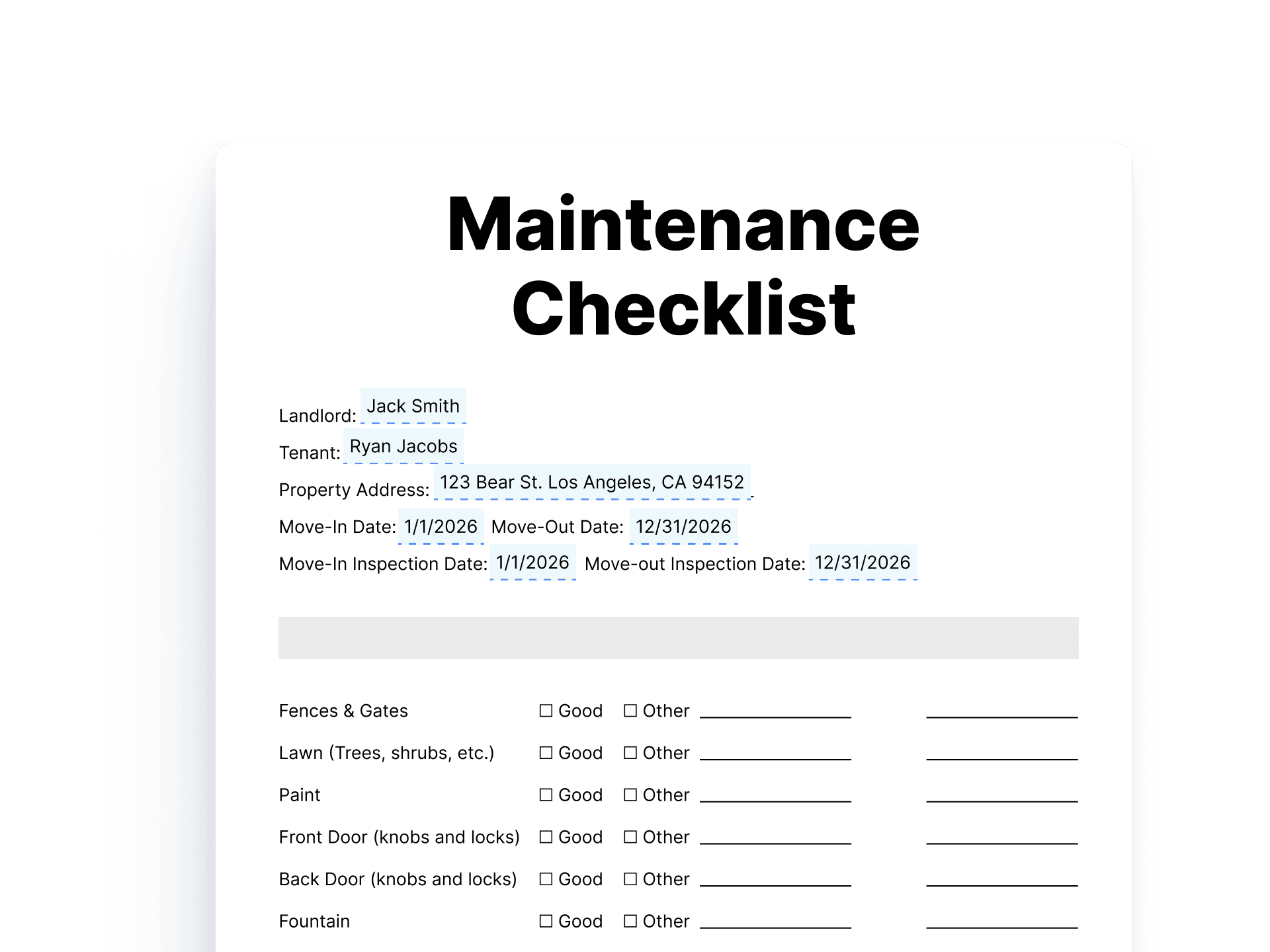Maintenance Checklist Maintenance Checklist