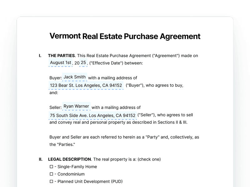 RealEstatePurchaseAgreement_Vermont Vermont Real Estate Purchase Agreement
