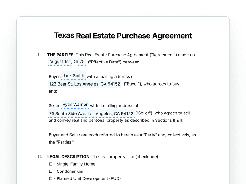 RealEstatePurchaseAgreement_Texas Texas Real Estate Purchase Agreement