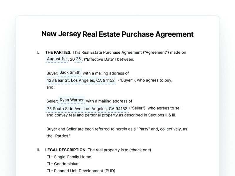 RealEstatePurchaseAgreement_New-Jersey New Jersey Real Estate Purchase Agreement