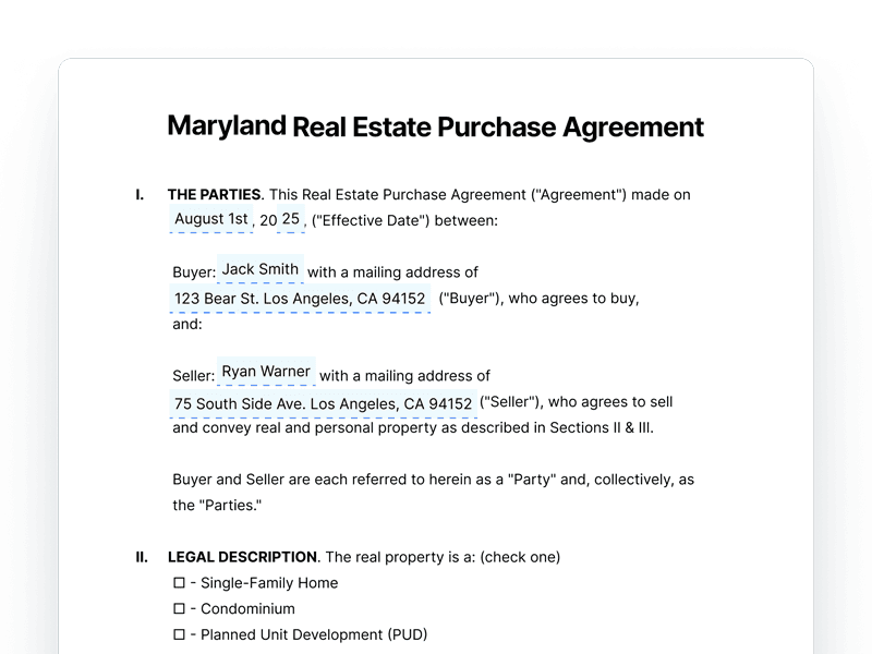 RealEstatePurchaseAgreement_Maryland Maryland Real Estate Purchase Agreement