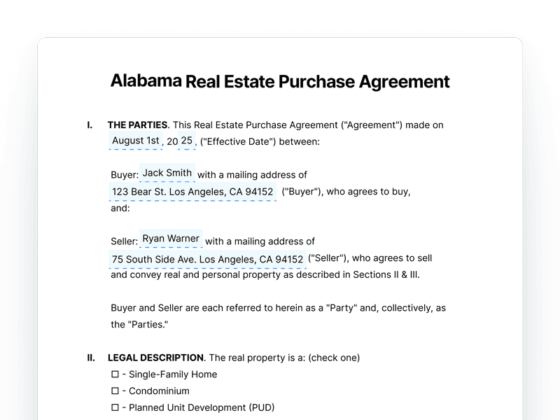 RealEstatePurchaseAgreement_Alabama Alabama Real Estate Purchase Agreement