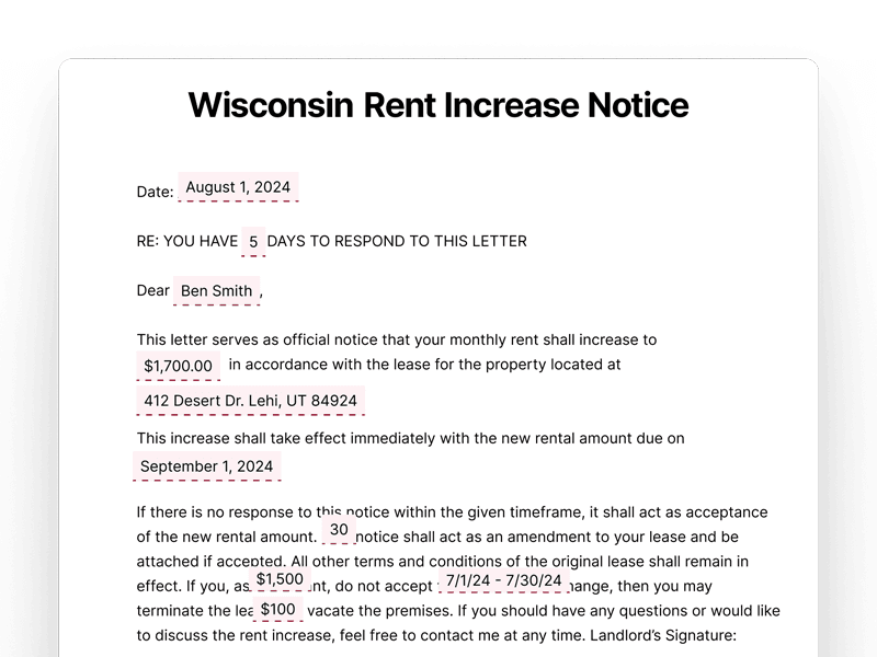 Wisconsin Rent Increase Notice Wisconsin Rent Increase Notice
