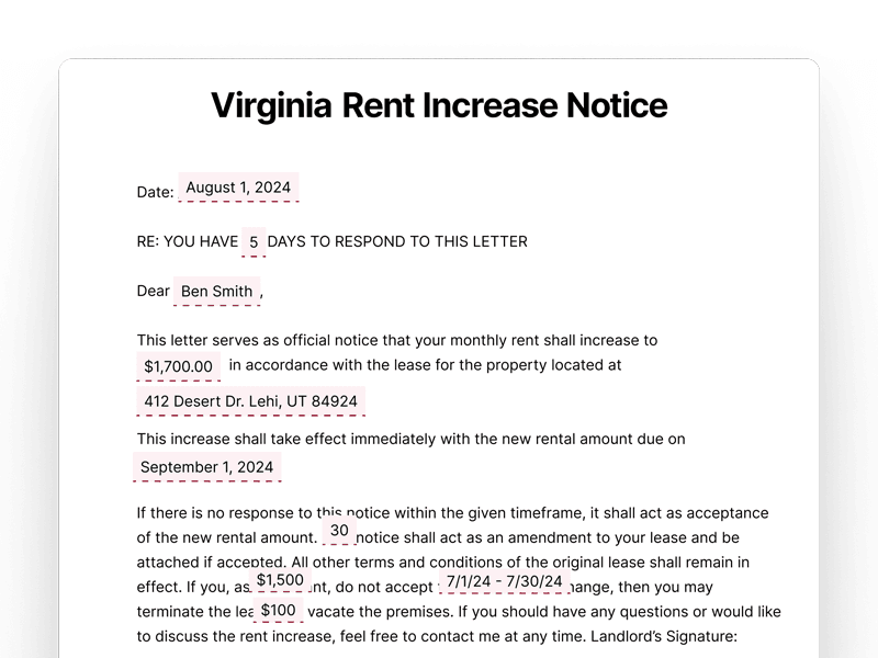 Virginia Rent Increase Notice Virginia Rent Increase Notice
