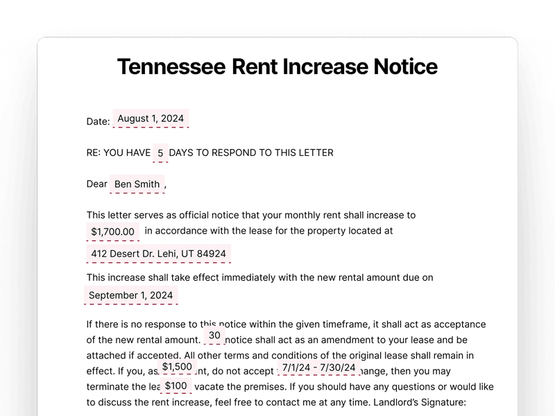 Tennessee Rent Increase Notice Tennessee Rent Increase Notice