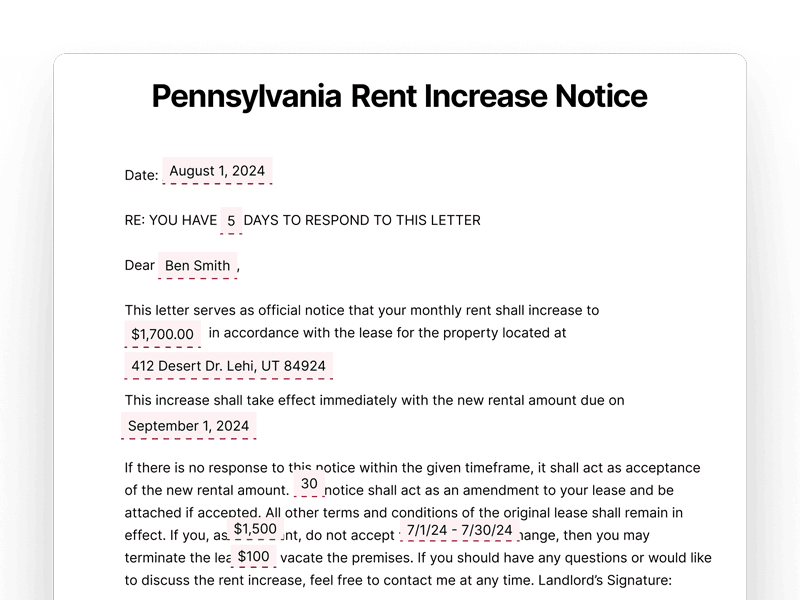 Pennsylvania Rent Increase Notice Pennsylvania Rent Increase Notice