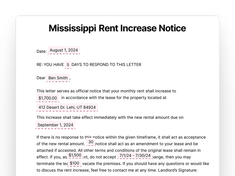 Mississippi Rent Increase Notice Mississippi Rent Increase Notice