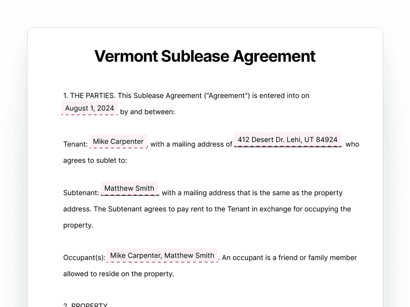 SubleaseAgreement_Vermont Vermont Sublease Agreement