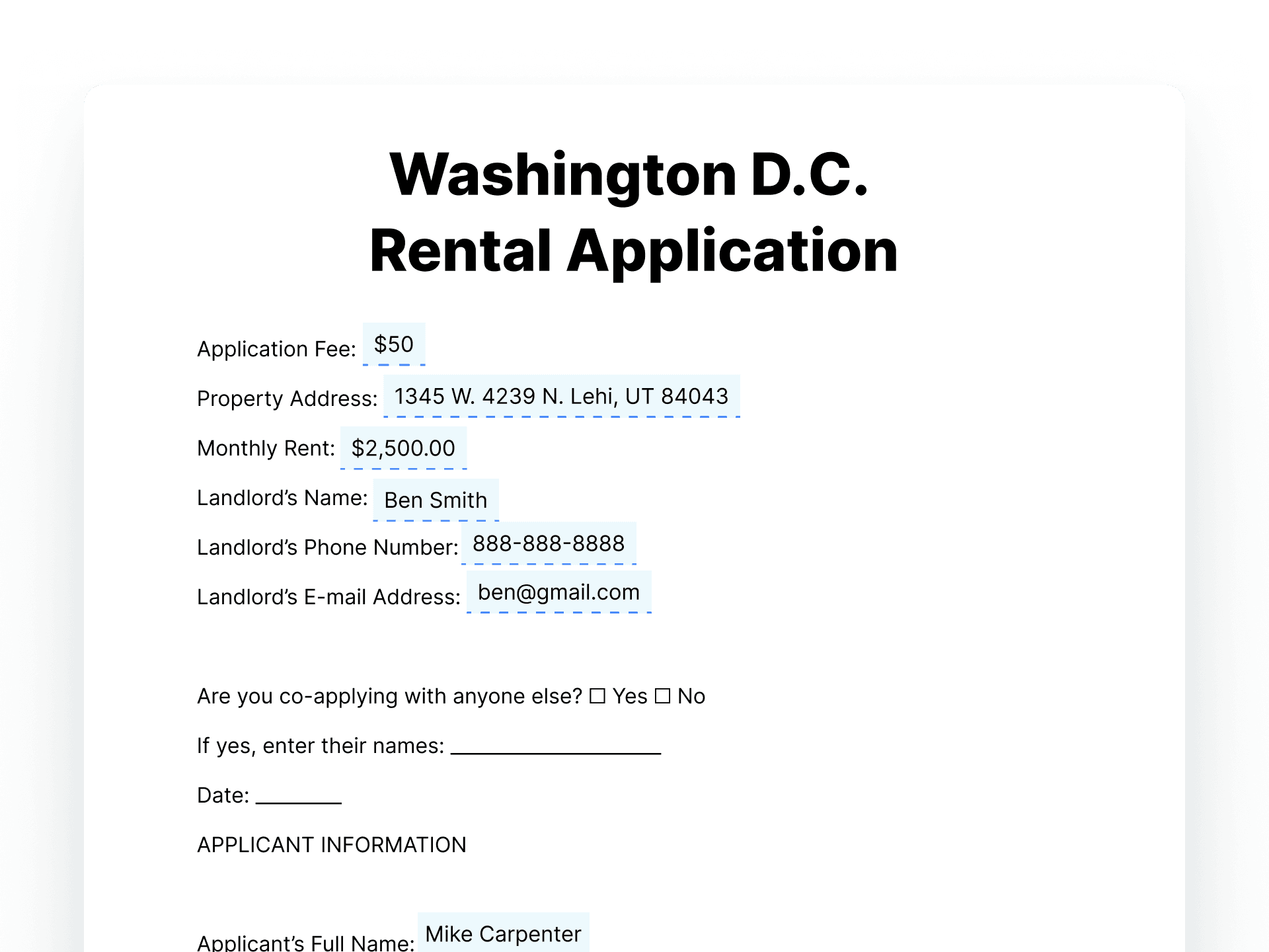 Washington D.C. Rental Application Washington D.C. Rental Application