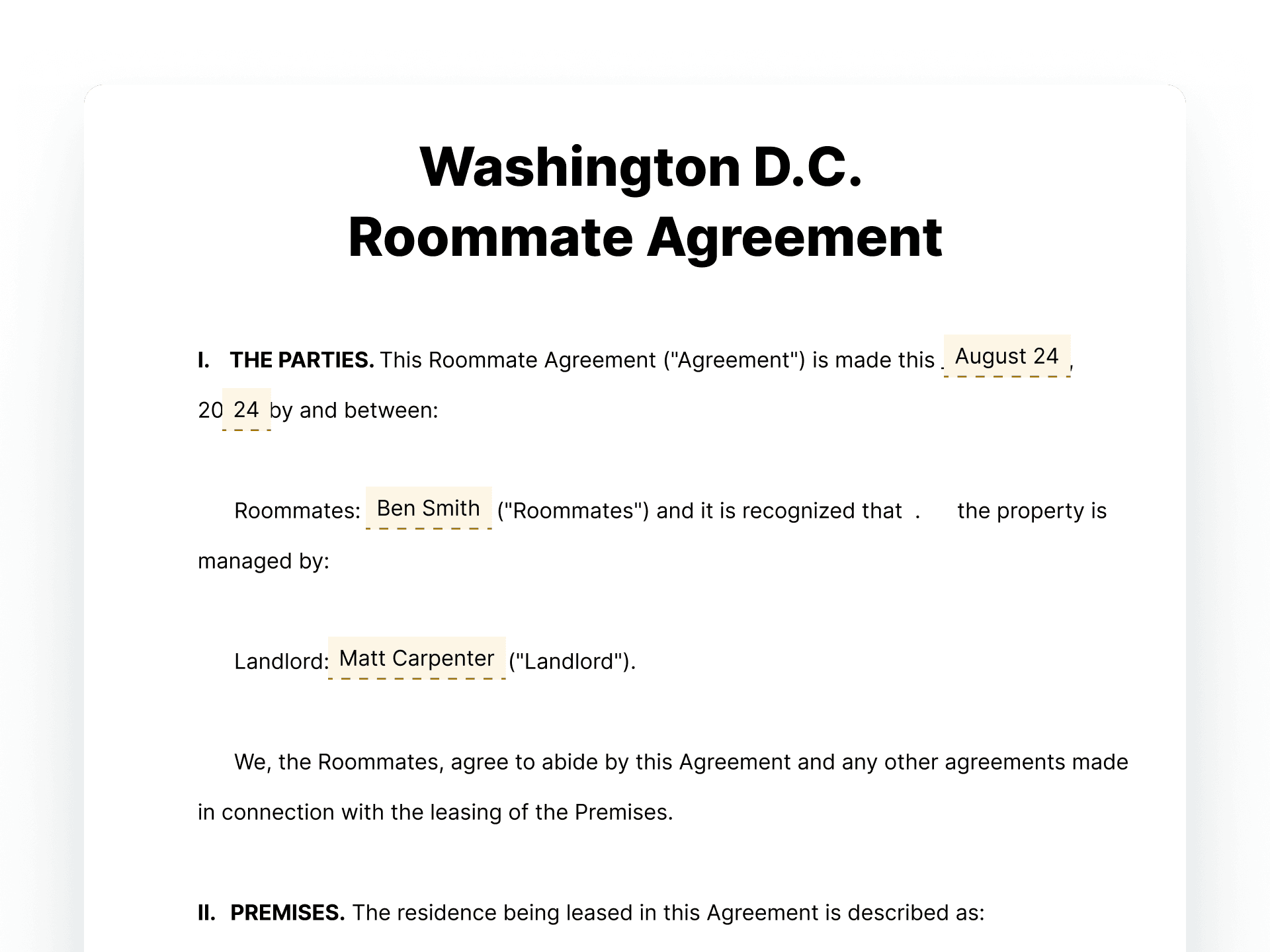 Washington DC Roommate Agreement Washington DC Roommate Agreement