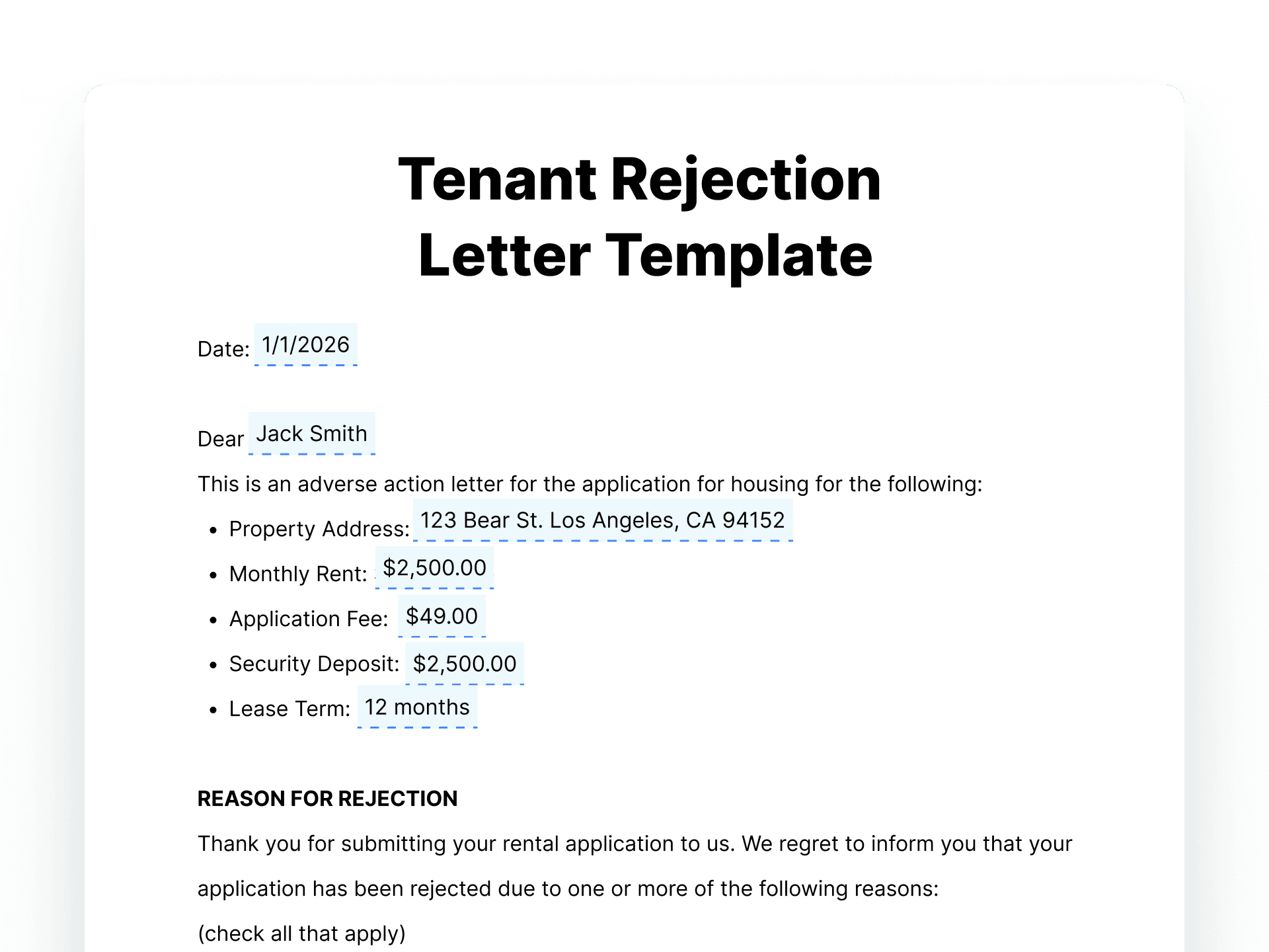 Tenant Rejection Letter Template tenant rejection letter