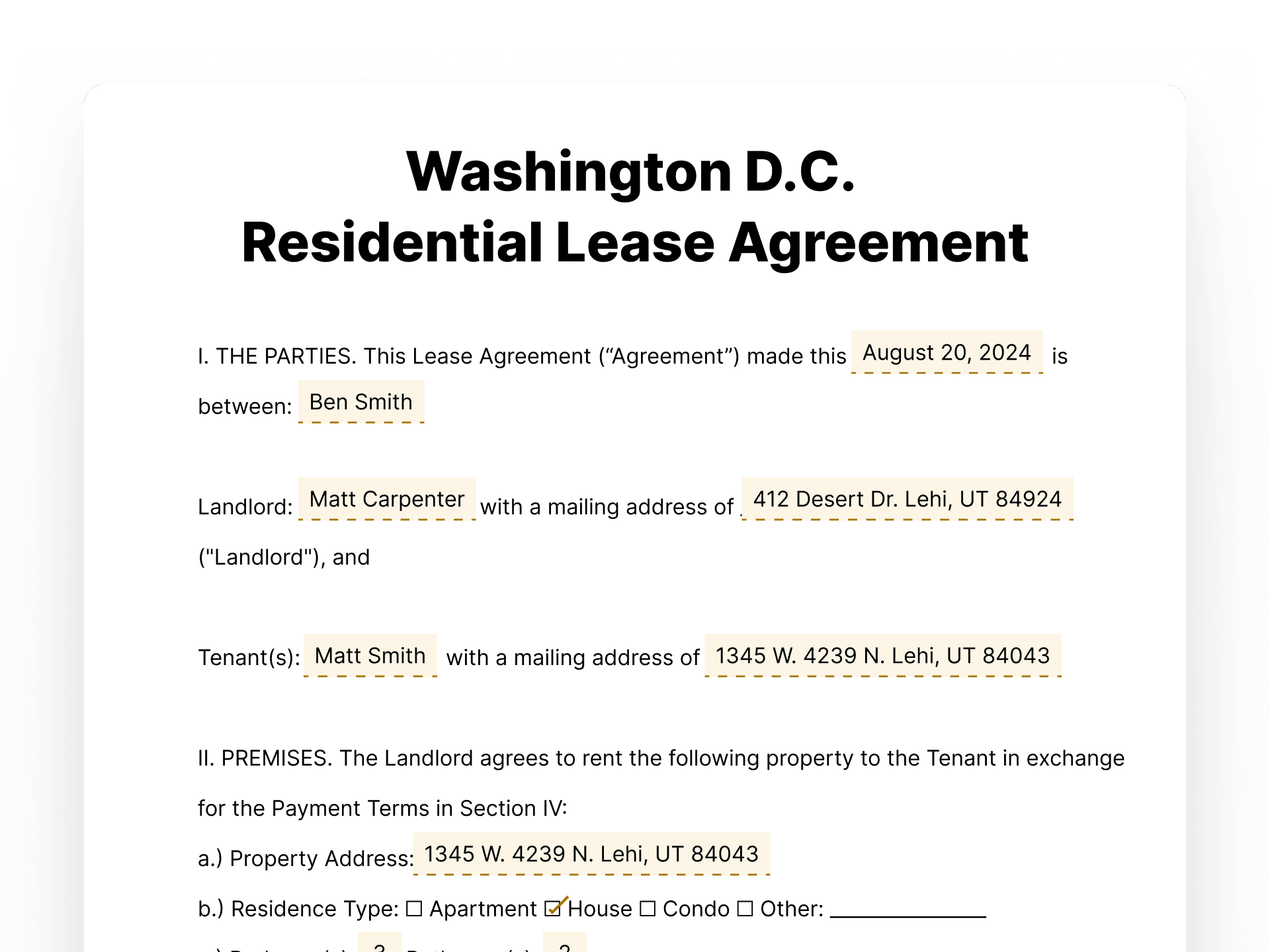 Washington D.C. Residential Lease Agreement Washington D.C. Residential Lease Agreement