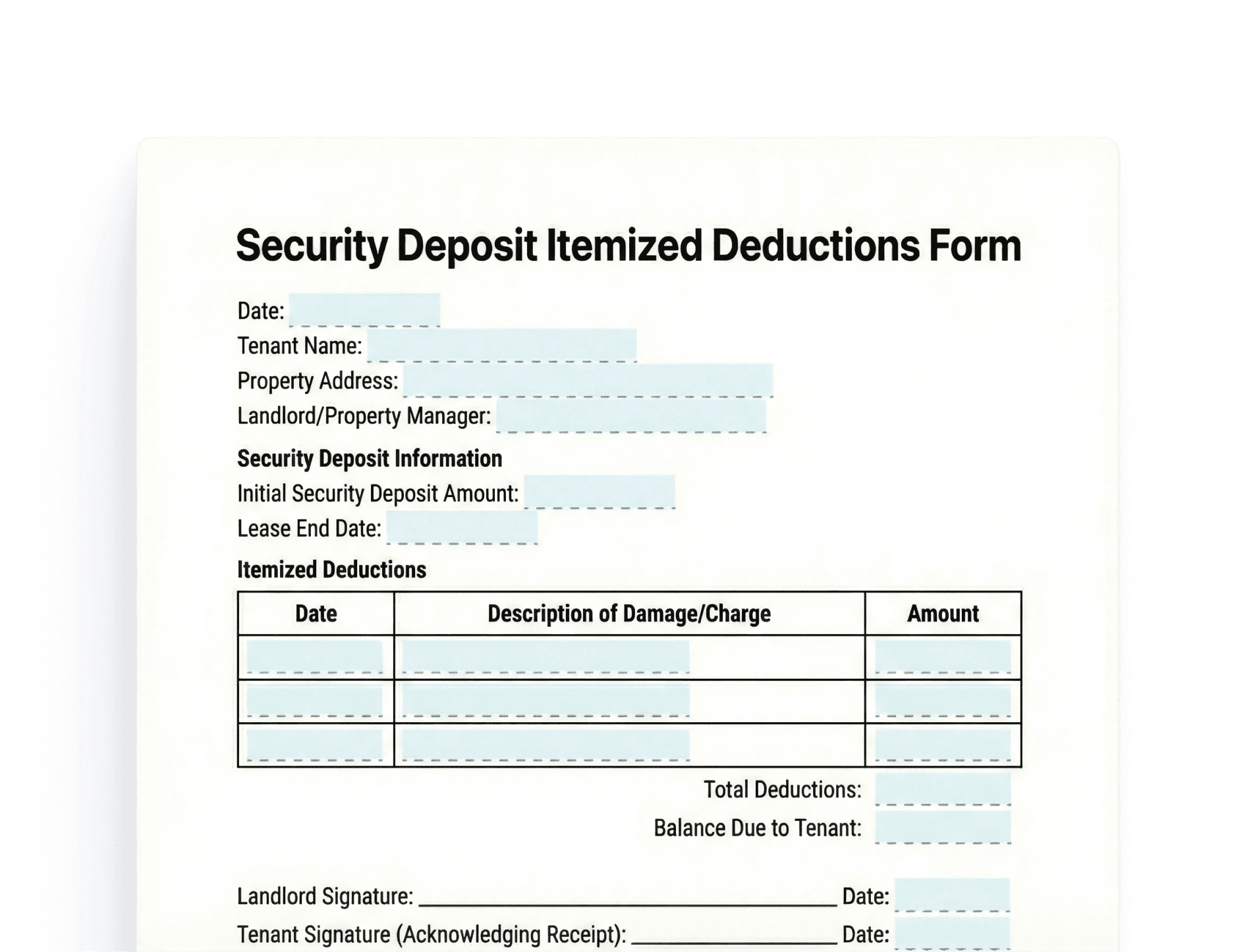 Security Deposit Itemized Deductions Form Security Deposit Itemized Deductions Form