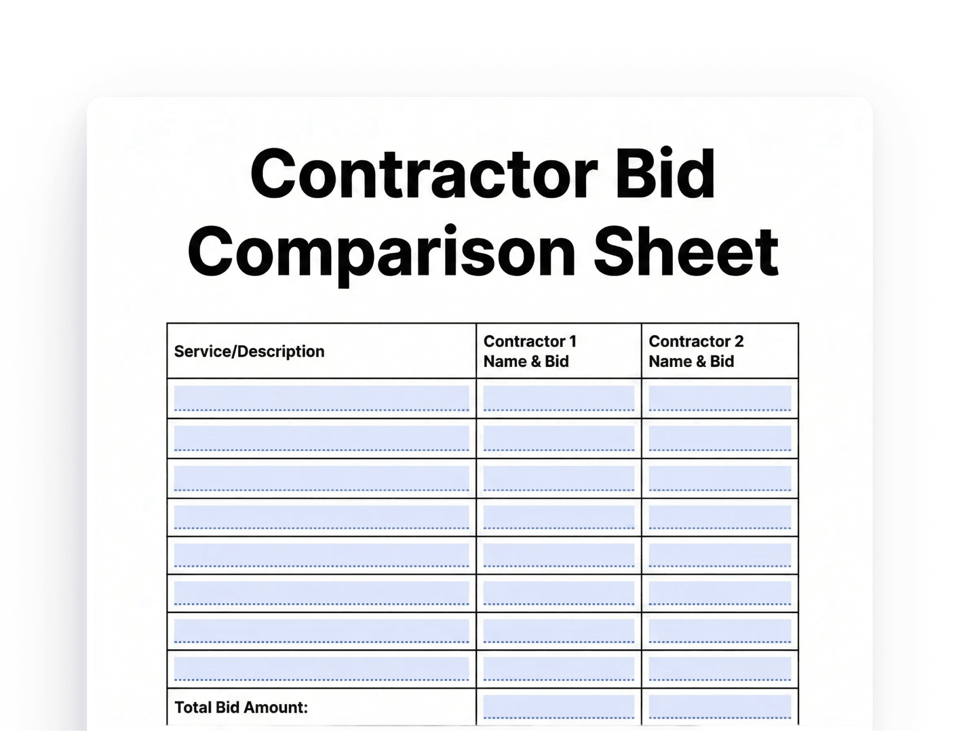 contractor bid comparison sheet contractor bid comparison sheet