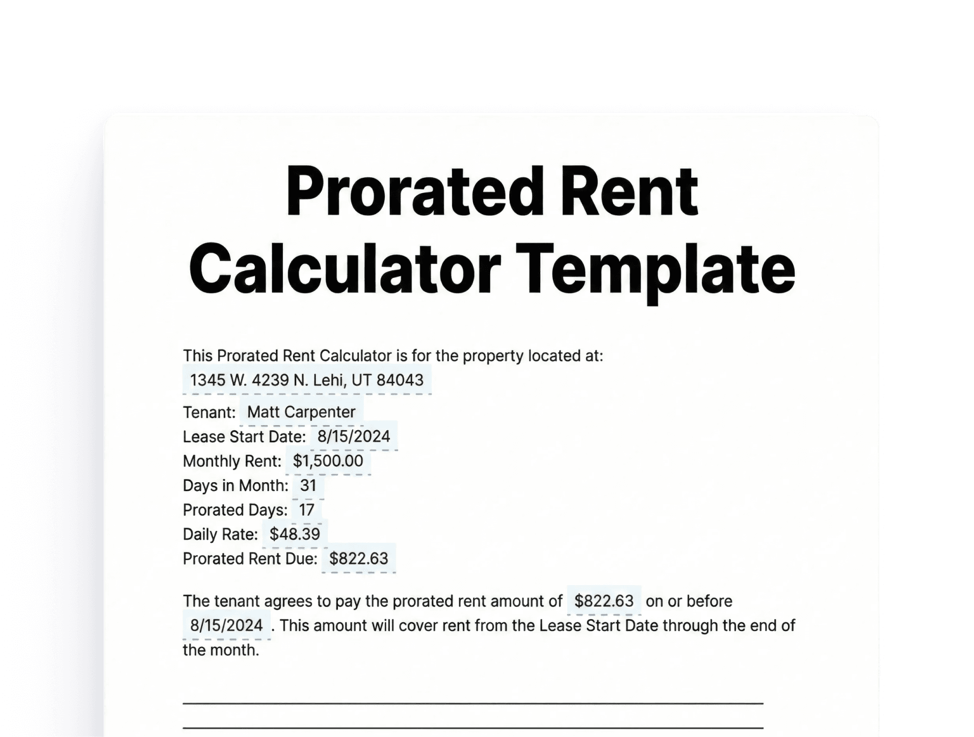 Prorated Rent Calculator Template Prorated Rent Calculator Template