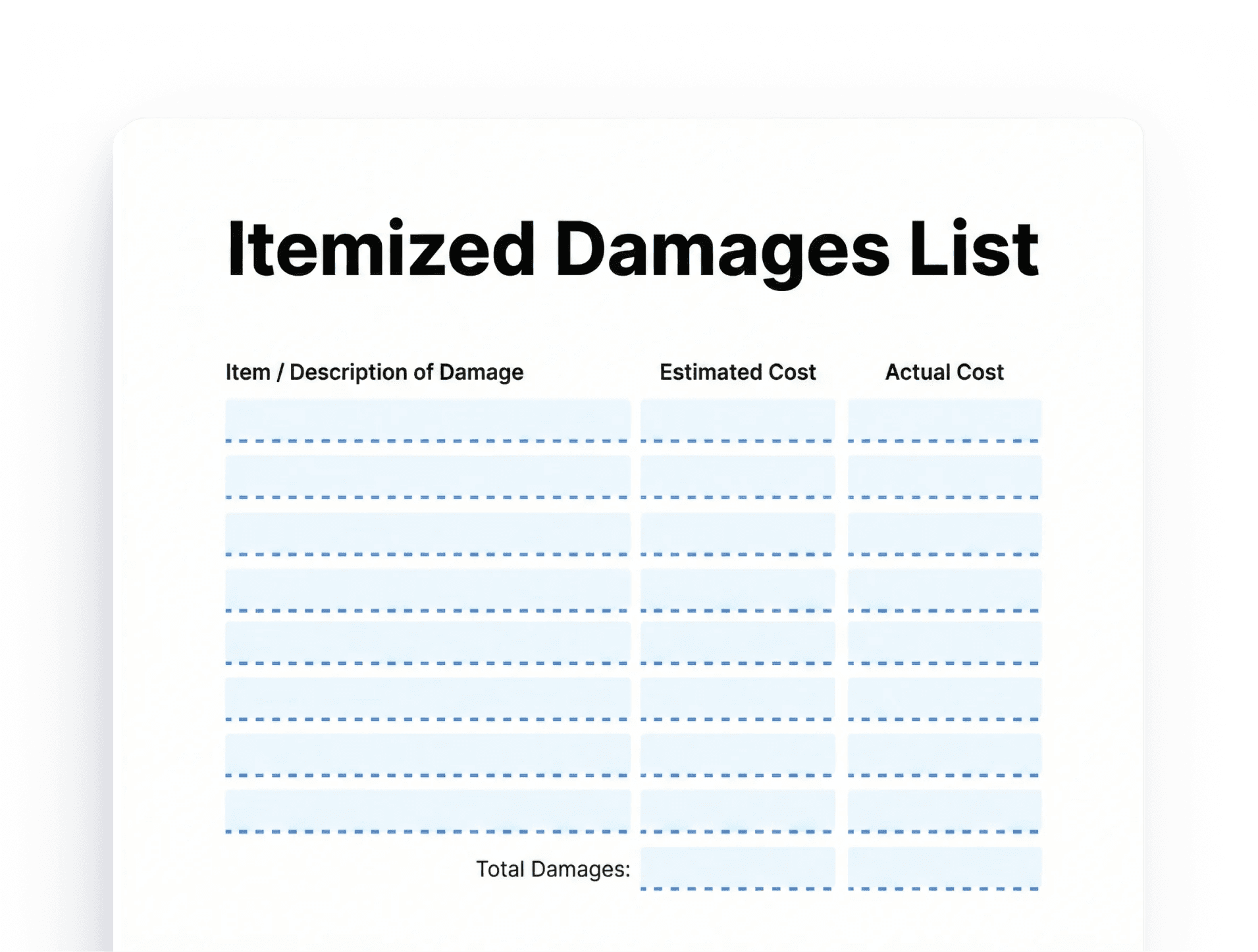 Itemized Damages List Itemized Damages List