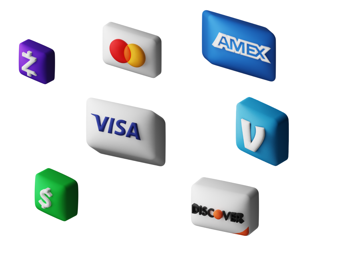 3D icons of accepted payment methods including Visa, Mastercard, Amex, Discover, Venmo, Zelle, and Cash App