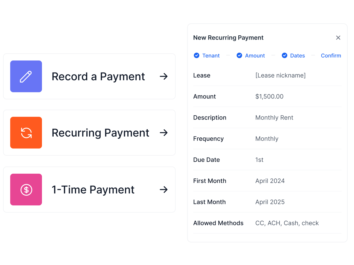 Payment options panel showing recurring and one-time rent collection, with a recurring payment confirmation summary